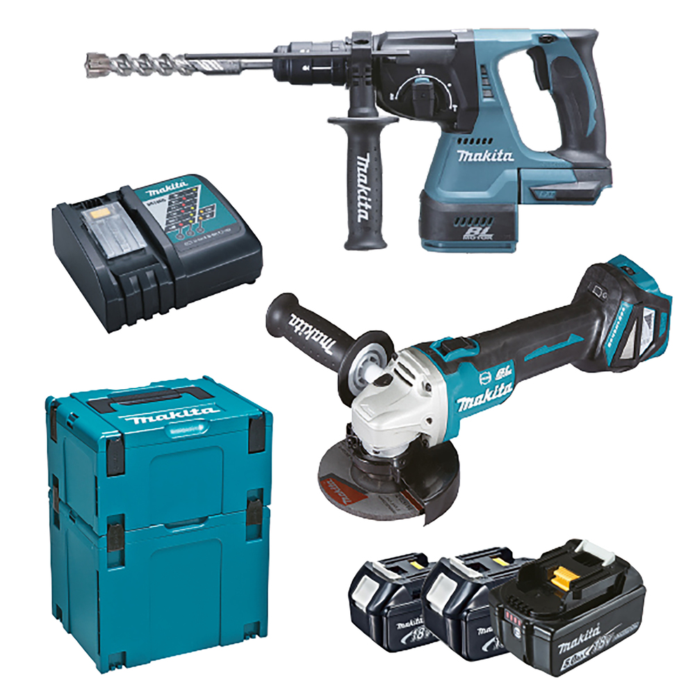 MAKITA - Combo Kit LXT® 18V Tassellatore DHR243+ Smerigliatrice DGA513+3 batterie BL1850B+ caricabatterie DC18RC+ 2 valigette MAKPAC