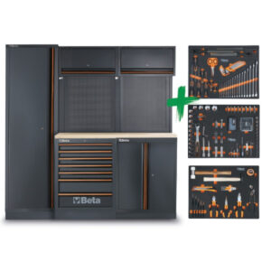 BETA TOOLS -  Combinazione arredo officina C45PRO 2.0 B7W con assortimento di 196 utensili universali Beta Worker - L.1960 mm
